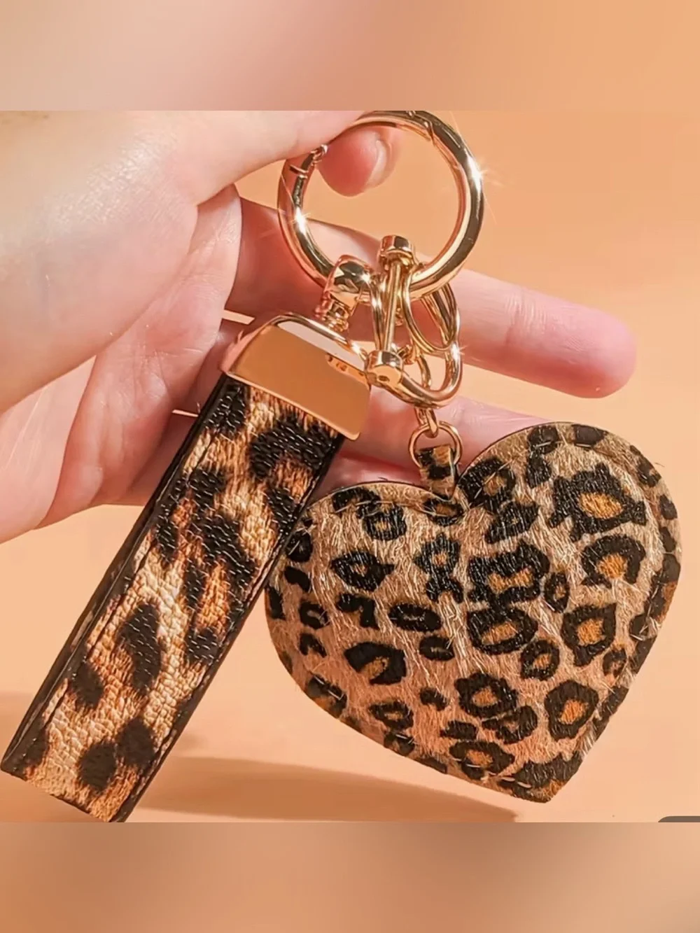 Leopard Heart Keychain Wristlet - Gold Hardware